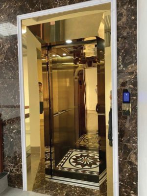 Mẫu thang máy tải khách cửa màu vàng  sang trọng