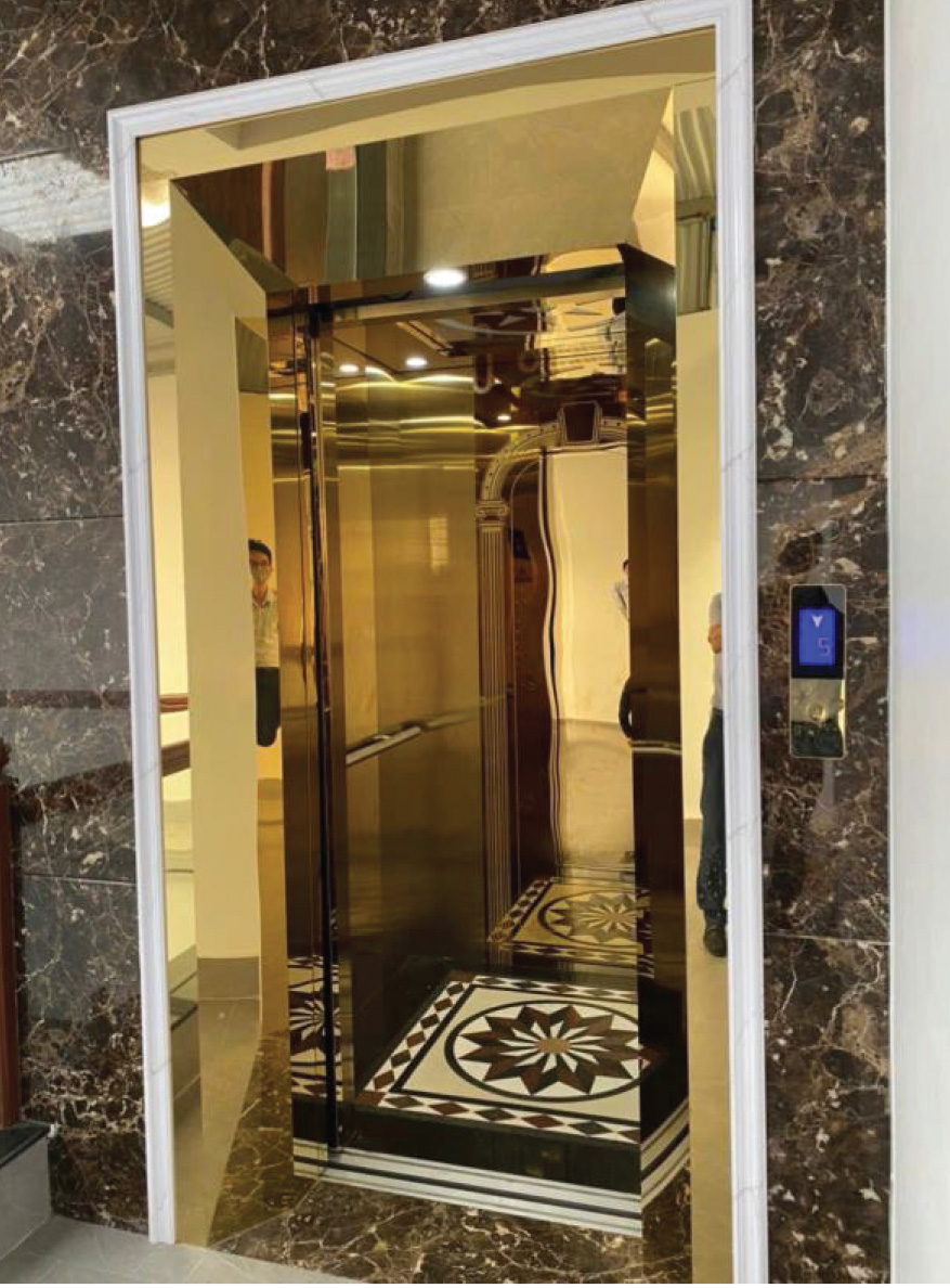 Mẫu thang máy tải khách cửa màu vàng sang trọng